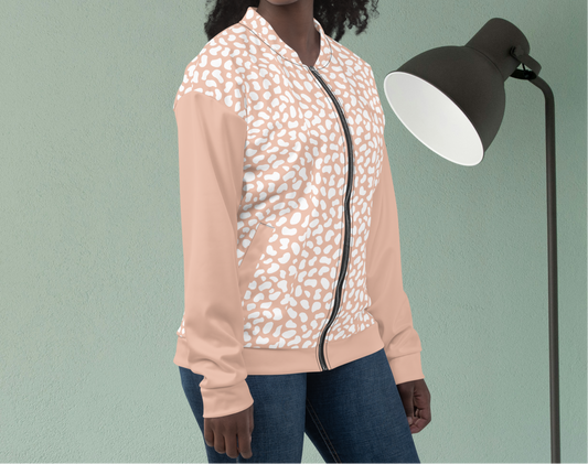Neutral light orange and white bomber jacket.