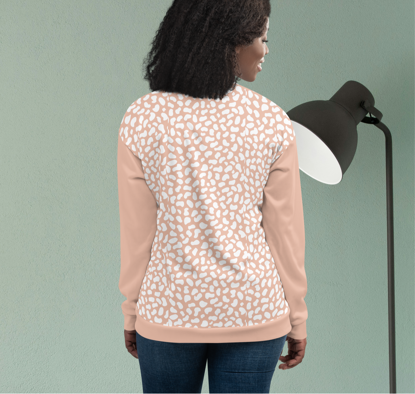 Neutral light orange and white bomber jacket.