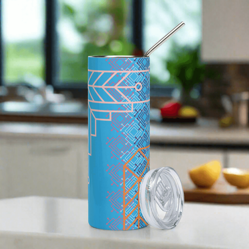 Blue and multi-color stainless steel tumbler.