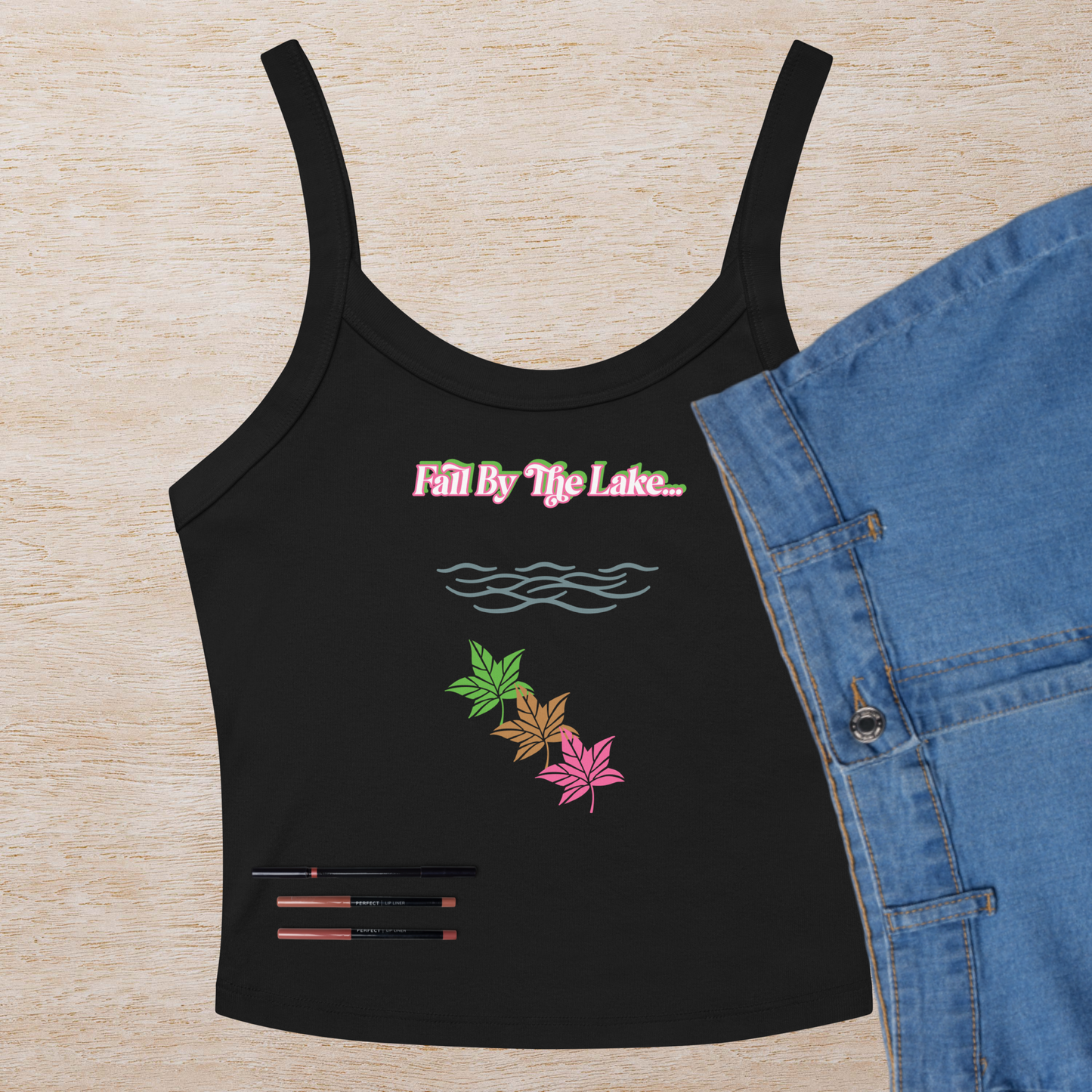 Black and multi-color fall by the lake women’s micro tank top.