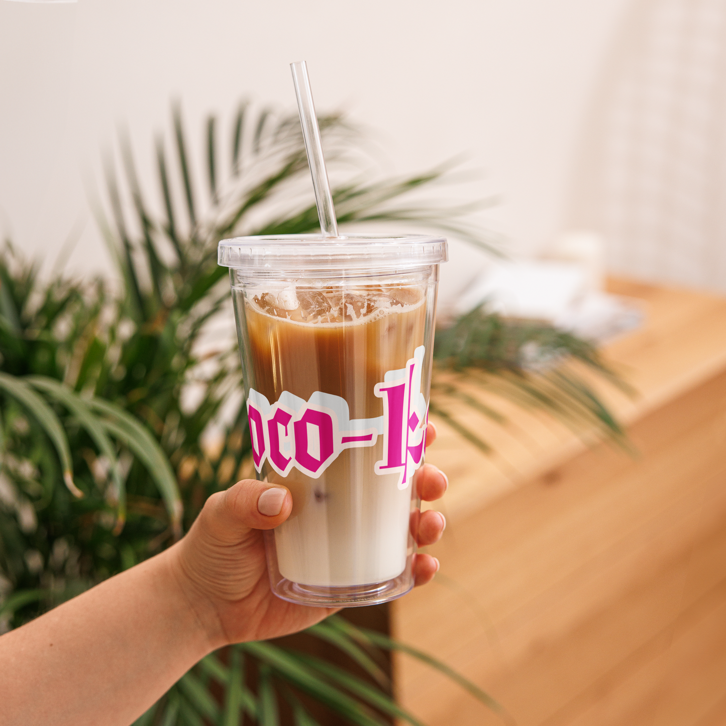Fuchsia and peach choco-latte clear double wall insulated tumbler and acrylic straw.