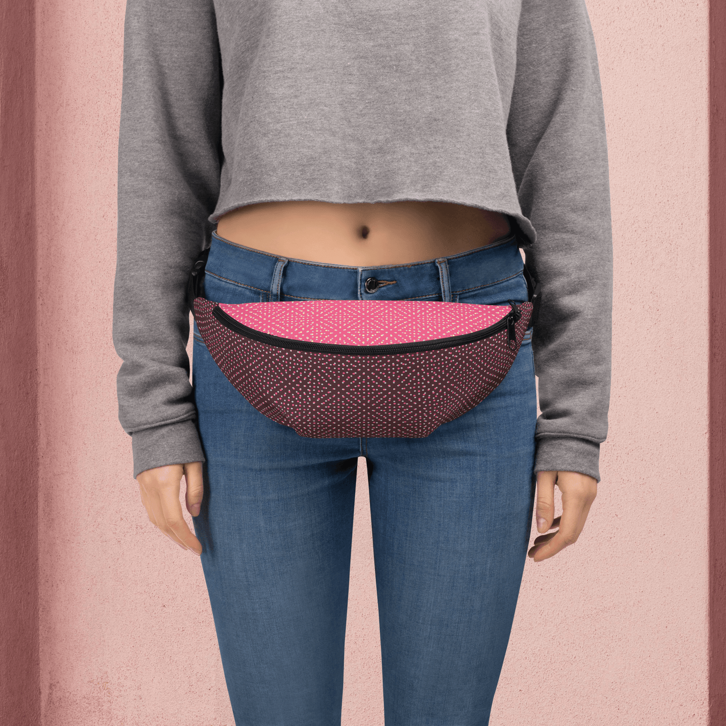 Violet and pink water resistant fanny pack with inside pocket.