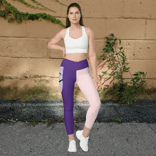 Purple and lilac women’s crossover leggings with pockets.