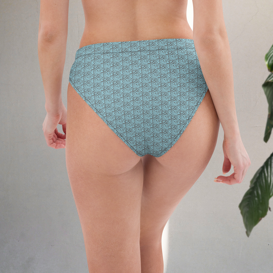Light blue and dark gray women’s recycled high-waisted bikini bottom.