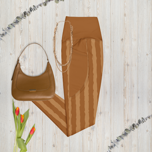 Tan and brown ridged women’s leggings with pockets.