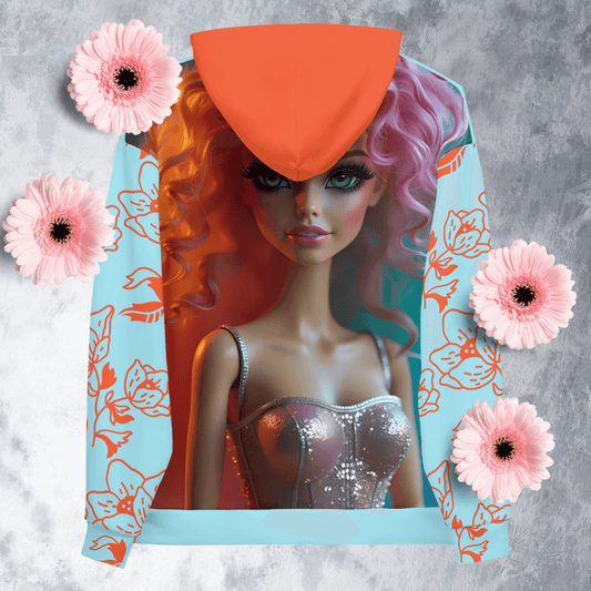 Ice blue and orange women’s let’s pretty-up our ego doll hoodie.