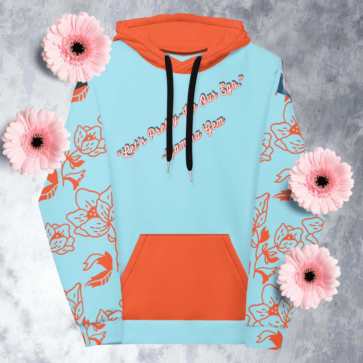 Ice blue and orange women’s let’s pretty-up our ego doll hoodie.