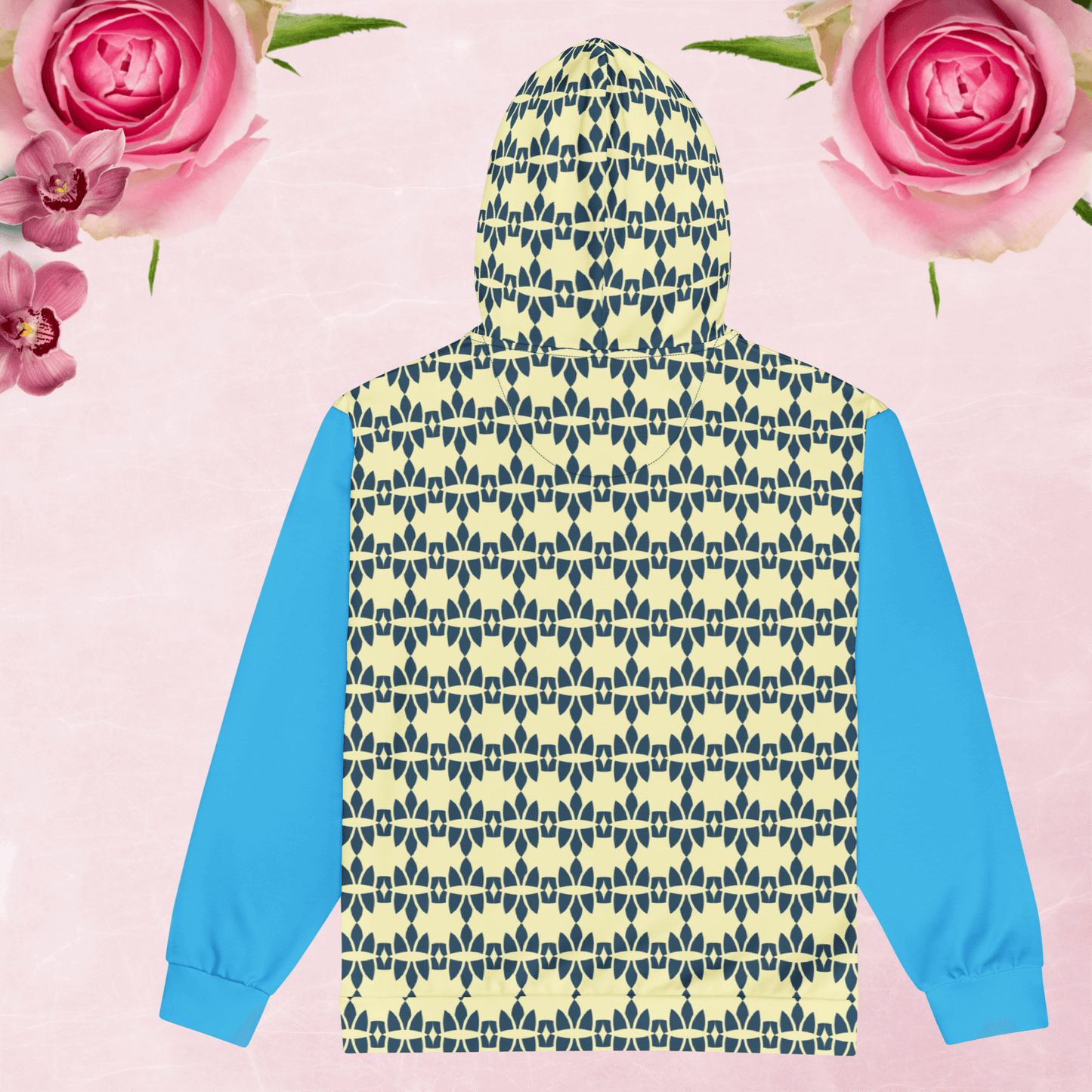 Neutral blue and multi-color zip hoodie.