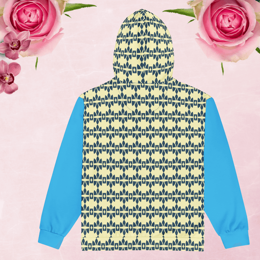 Neutral blue and multi-color zip hoodie.