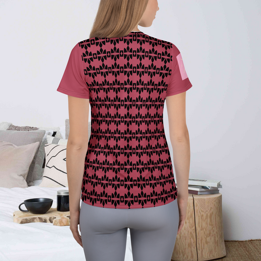 Maroon and black women's athletic t-shirt.