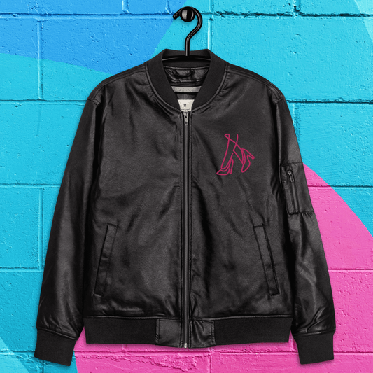 Leather black and hot pink women’s bomber jacket.