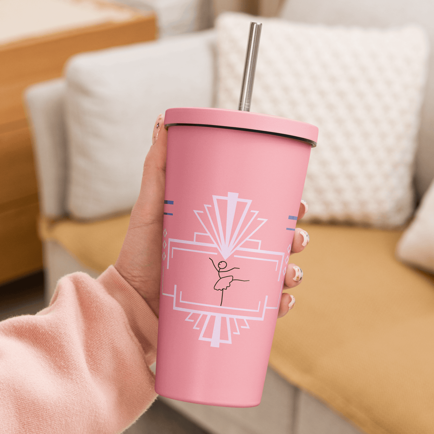 Hot pink dance insulated stainless steel tumbler with a straw. Gamma Gem