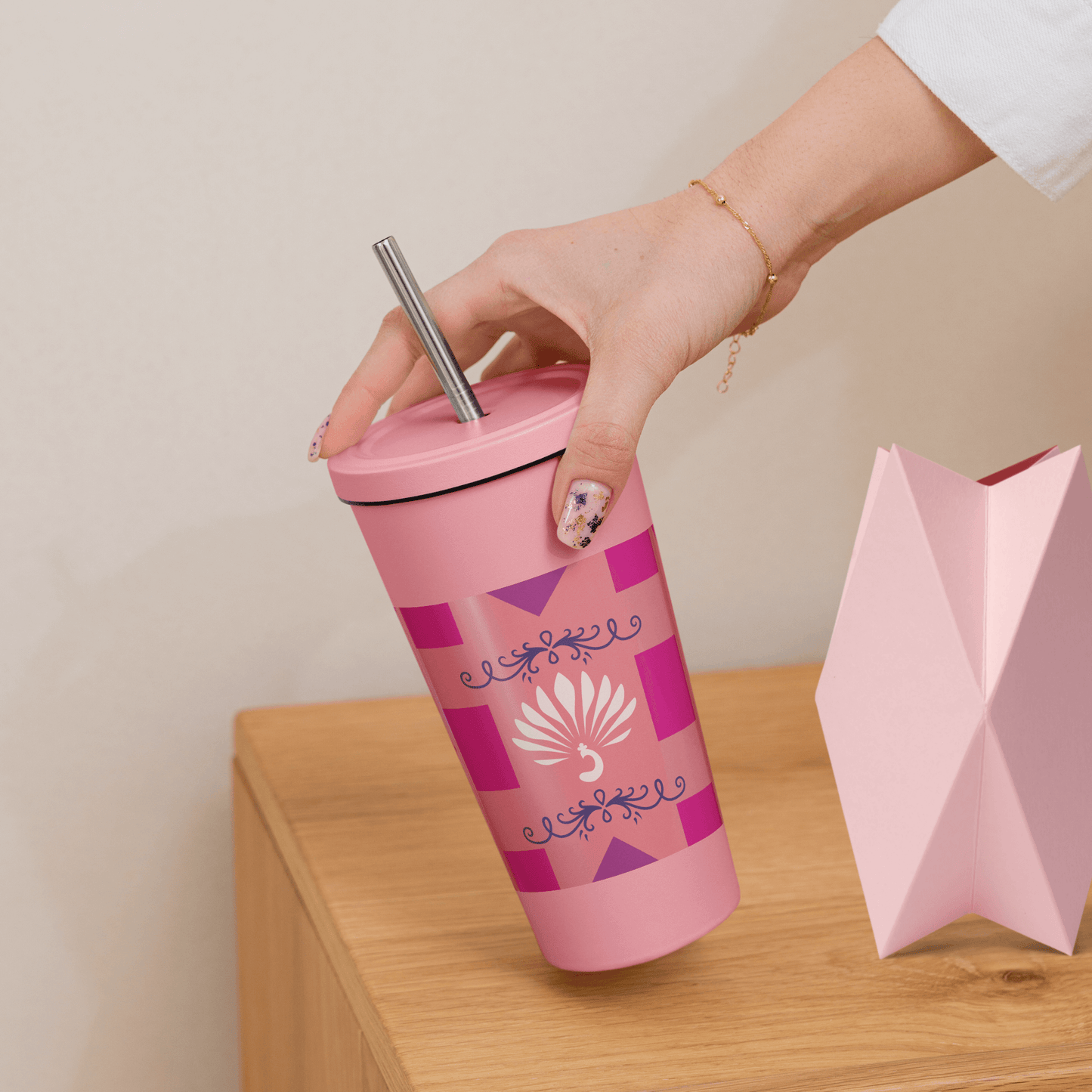 Hot pink peacock insulated stainless steel tumbler with a straw. Gamma Gem