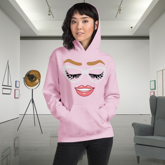 Light blue or pink wrinkle resistant women’s selfie hoodie. Gamma Gem