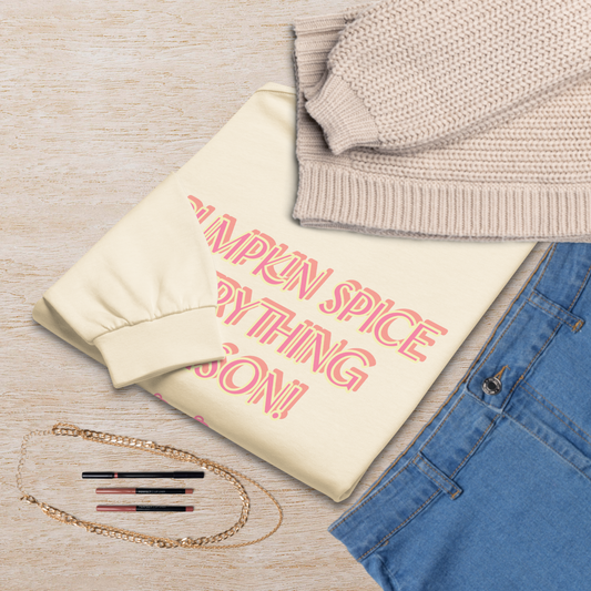 Tan and multi-color pumpkin spice everything season premium heavyweight women’s sweatshirt.