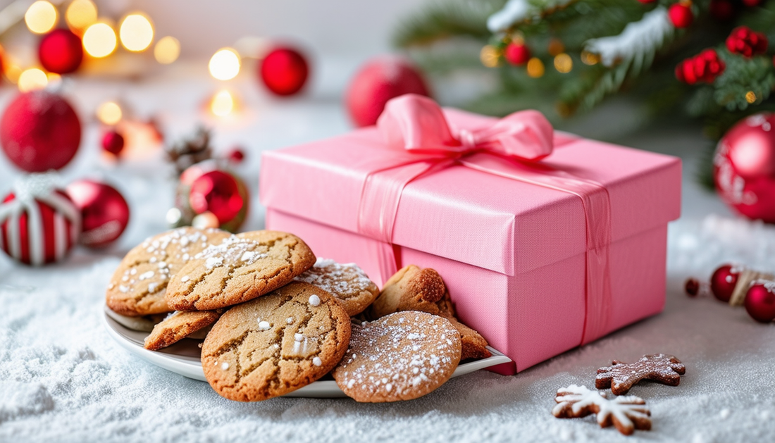 Pink gift box and cookies near Christmas tree.