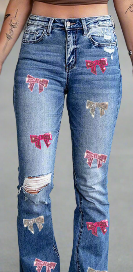 Sequin multi-color bow denim bootcut women’s jeans.