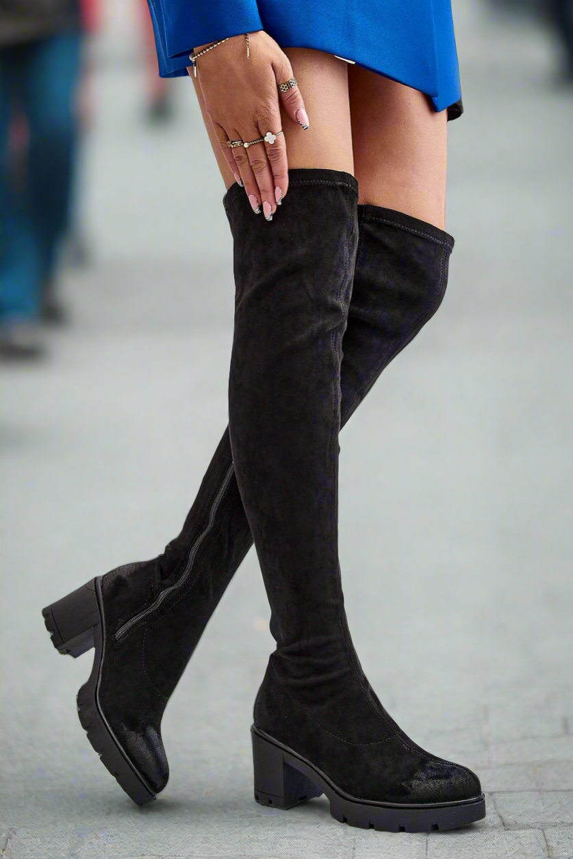 Black thigh eco-suede high heel women’s boots.