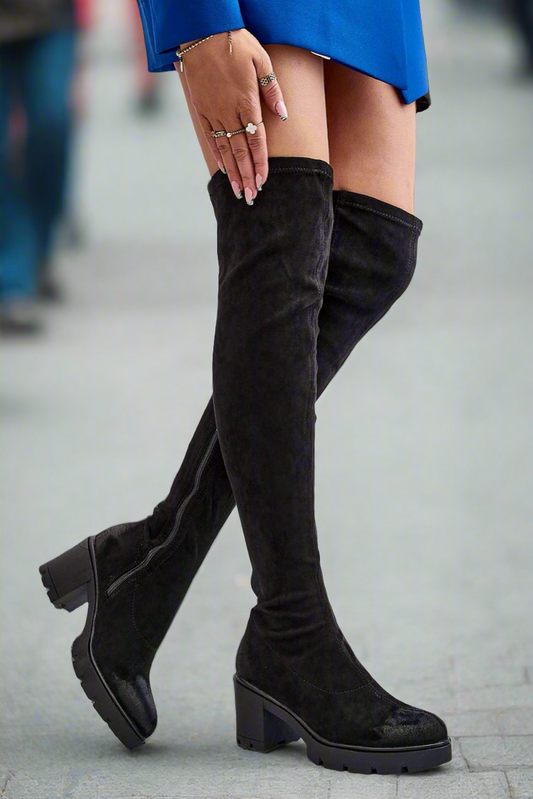 Black thigh eco-suede high heel women’s boots.