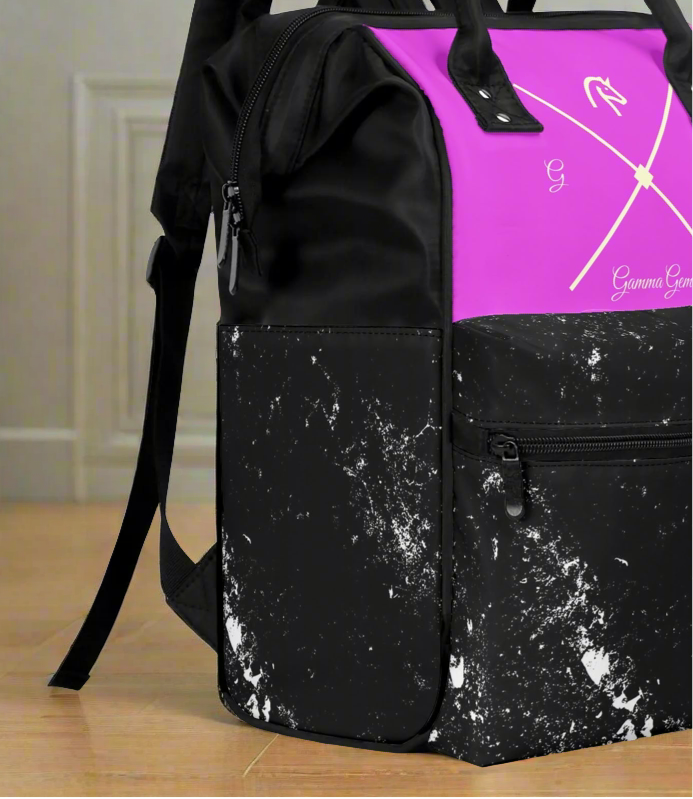 Large fuchsia and black diaper nursing backpack bag.