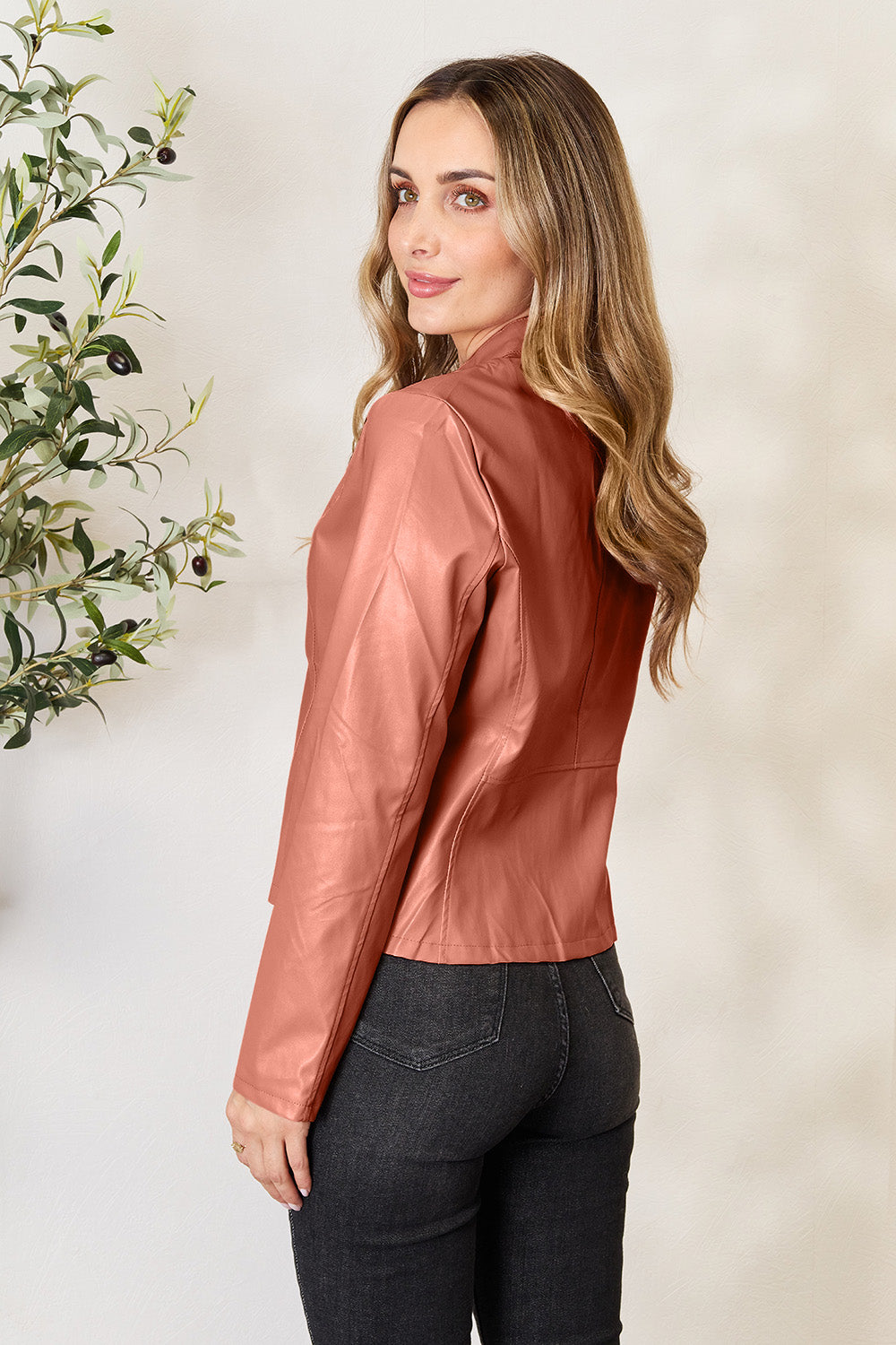 High neck button up zip women’s jacket.