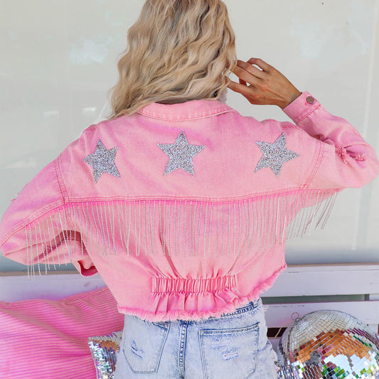 Denim star hot pink raw hem women’s jacket.