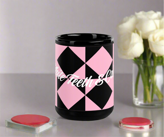 Medium black and pink white teeth and coffee glossy mug. Gamma Gem