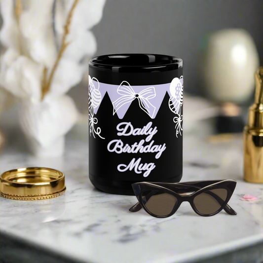 Medium black and lavender daily birthday glossy mug.