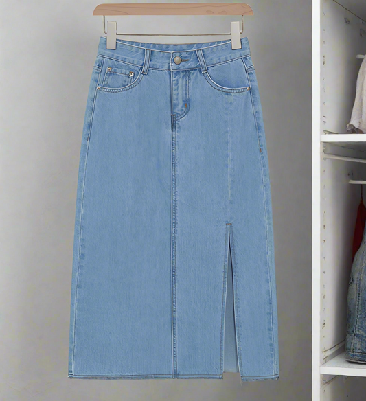 Denim side slit long women’s  skirt.