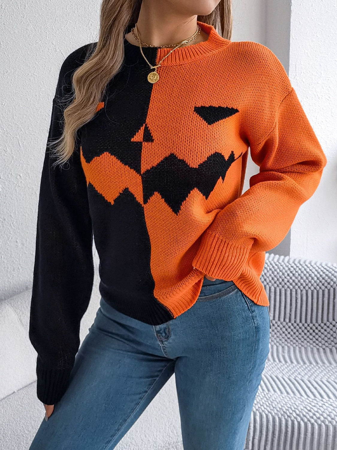 Pumpkin half sided long sleeve women’s sweater.