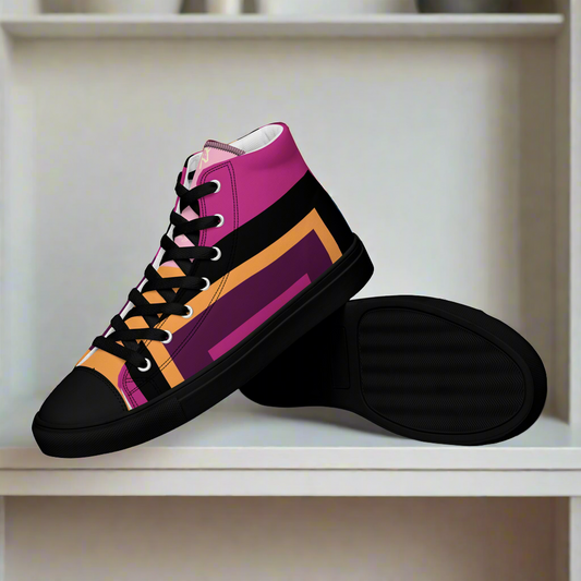 Violet and multi-color women’s high top canvas shoes.