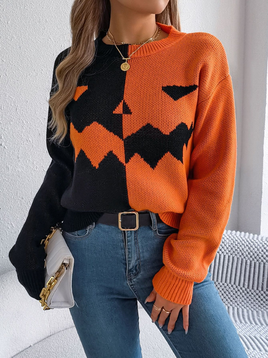 Pumpkin half sided long sleeve women’s sweater.