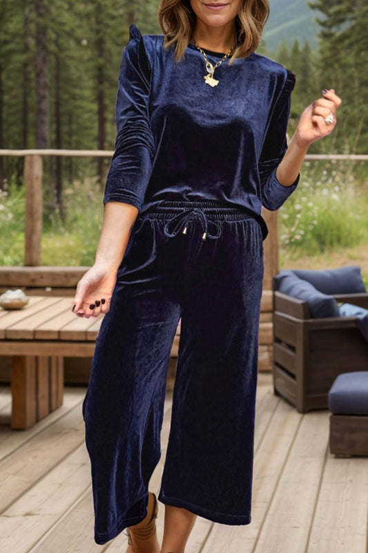 Velvet round neck top w/ drawstring women’s outfit set.