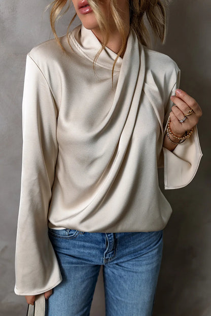 Ivory cutout ruched long sleeve women’s blouse.