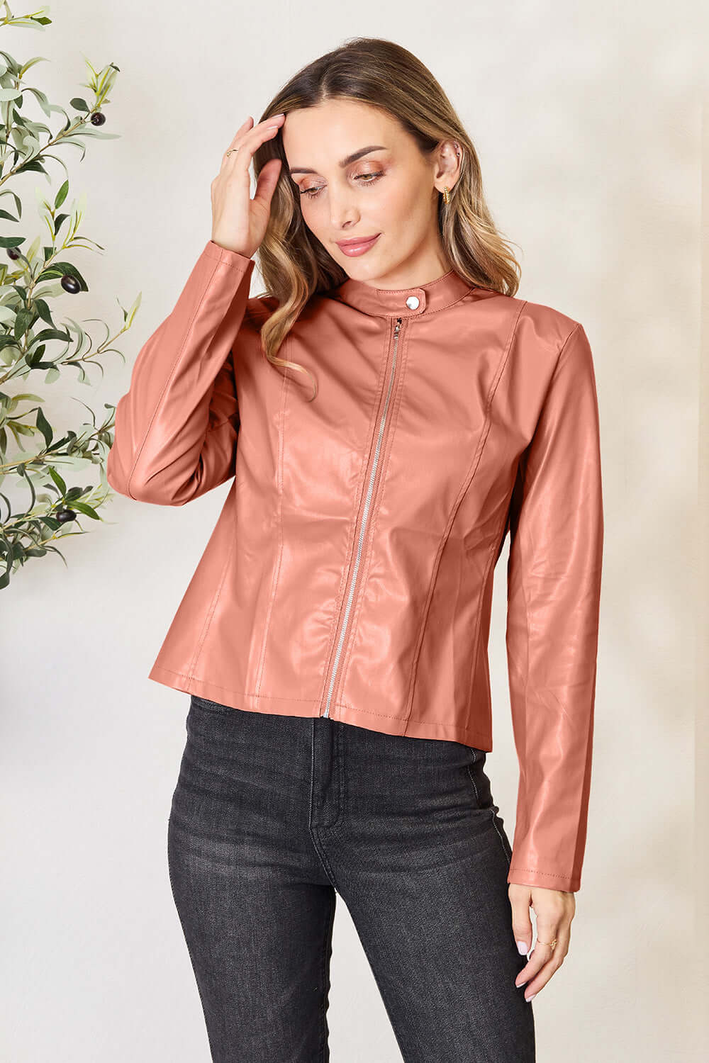 High neck button up zip women’s jacket.