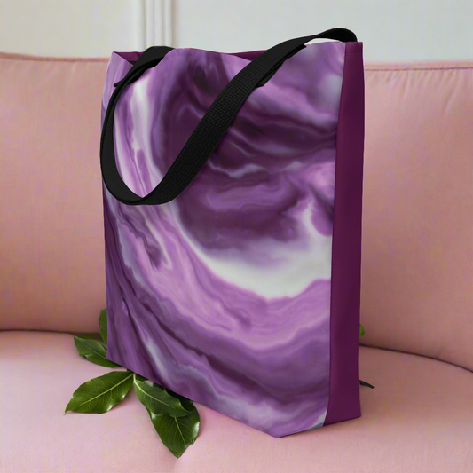 Purple and burgundy large tote bag with inside pocket.