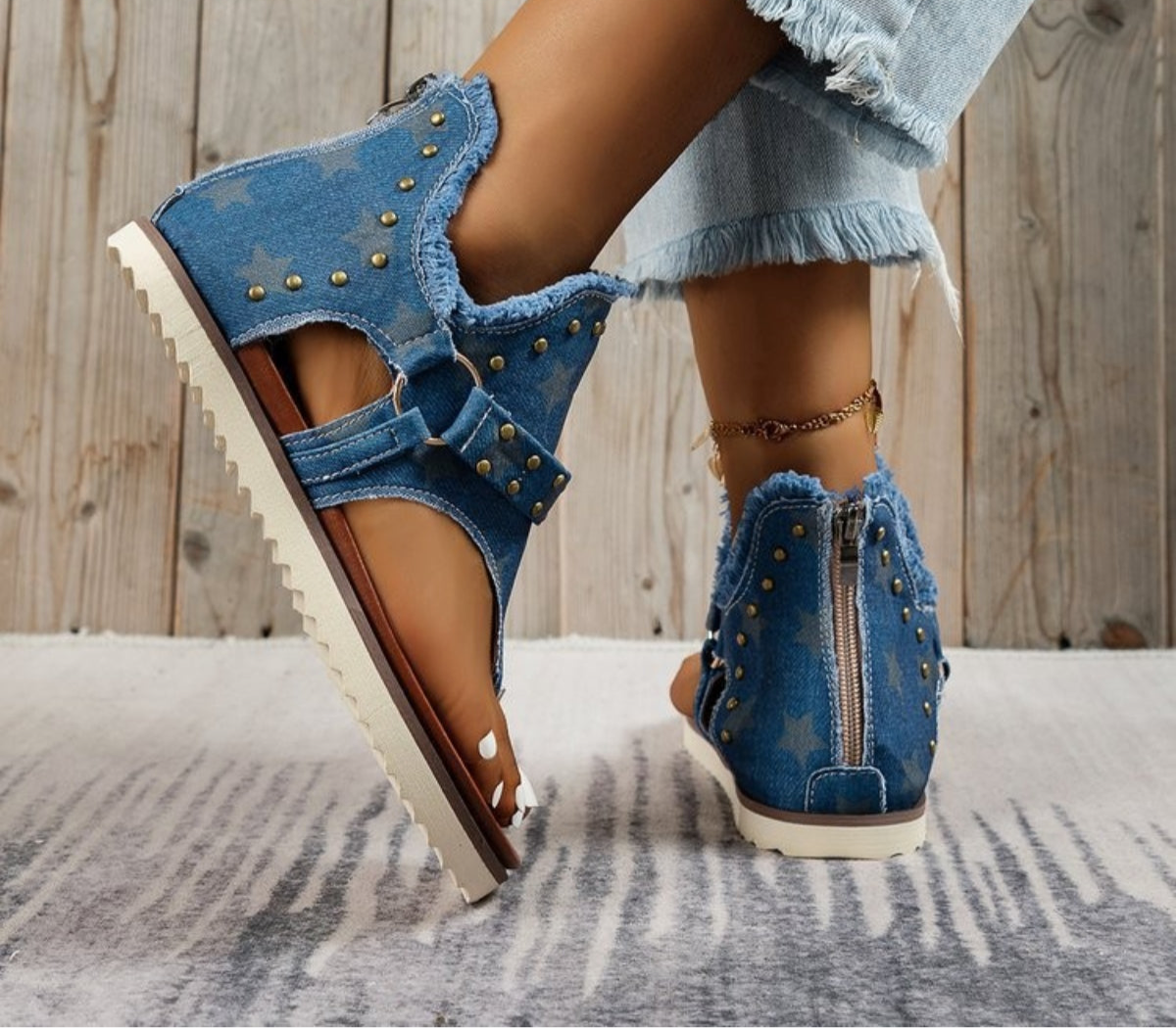 Denim studded raw hem women’s sandals.