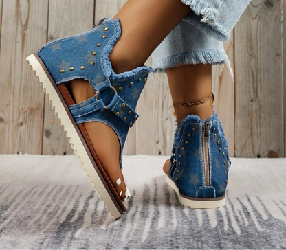 Denim studded raw hem women’s sandals.