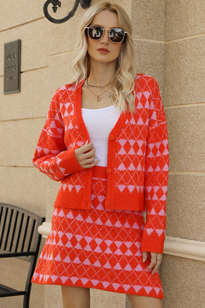 Knit short cardigan button-up women’s skirt set.