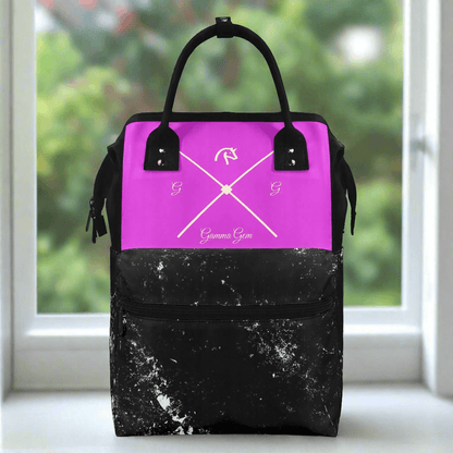 Large fuchsia and black diaper nursing backpack bag.