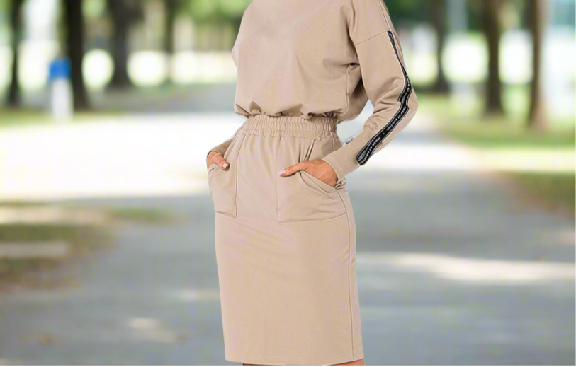 Tan elastic knit women’s long skirt.