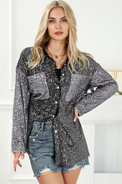 Sequin button-up pocketed long sleeve women’s top.