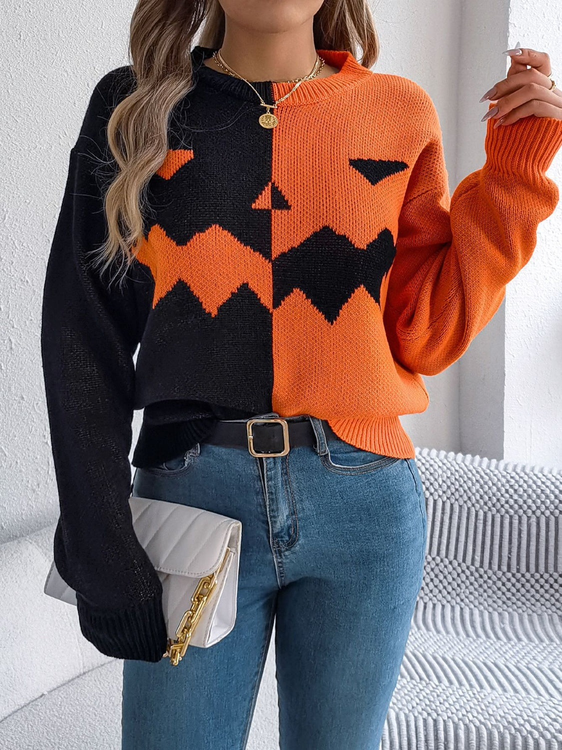 Pumpkin half sided long sleeve women’s sweater.