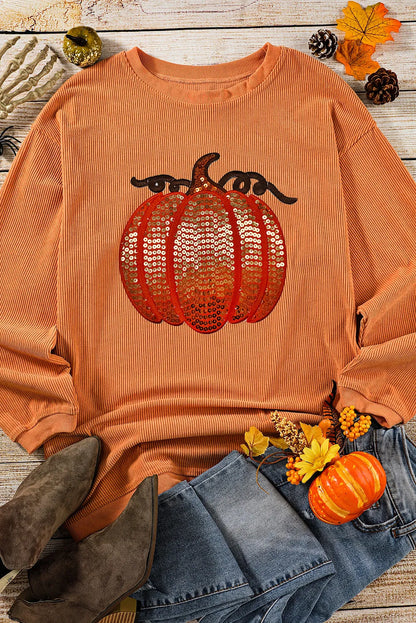 Pumpkin sequin women’s long sleeve sweatshirt.