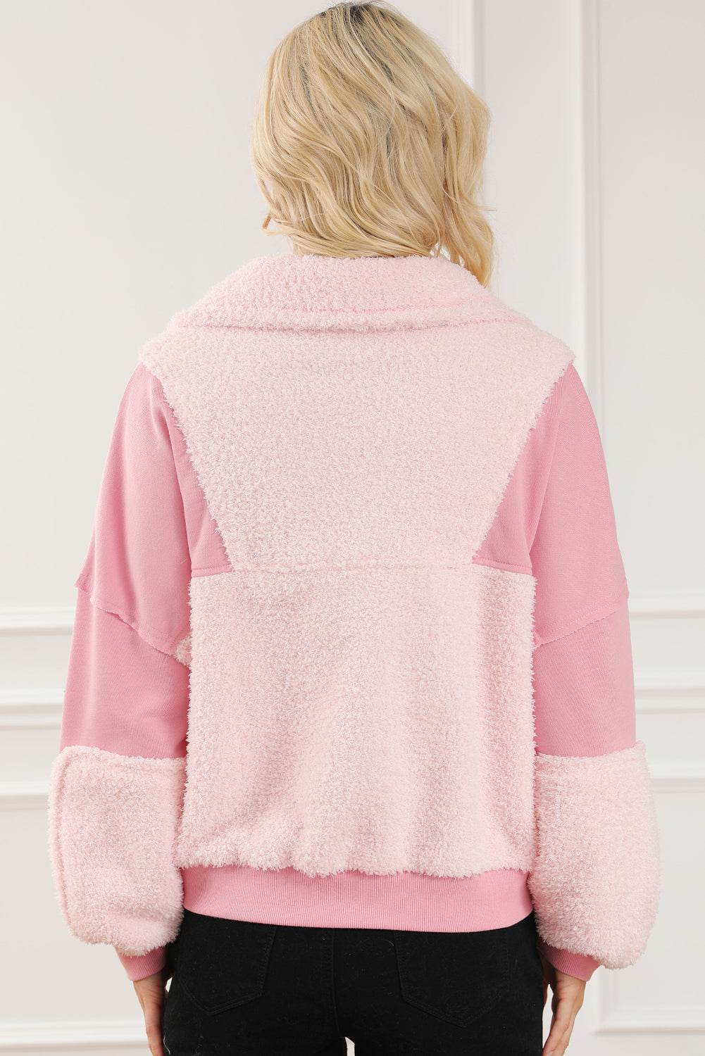 Blush pink fuzzy half zip women’s sweater jacket.