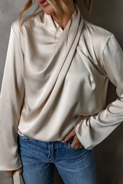 Ivory cutout ruched long sleeve women’s blouse.