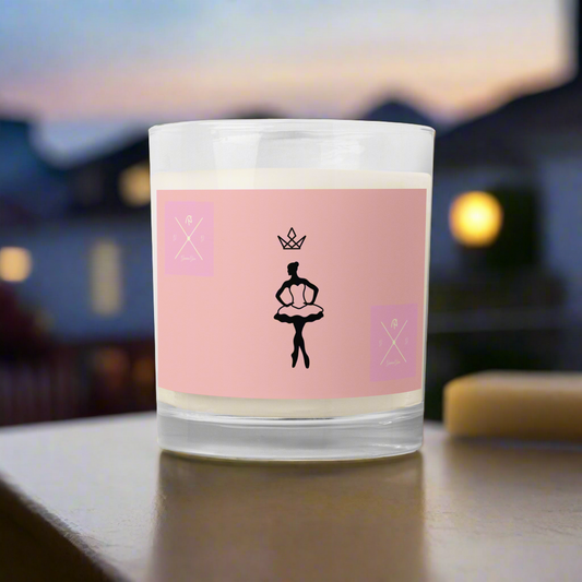 Light pink and crown glass jar soy wax candle.