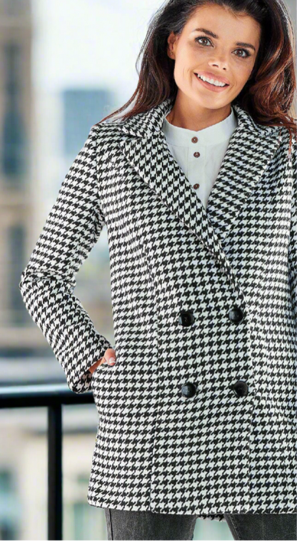 Houndstooth double-breasted women’s coat.