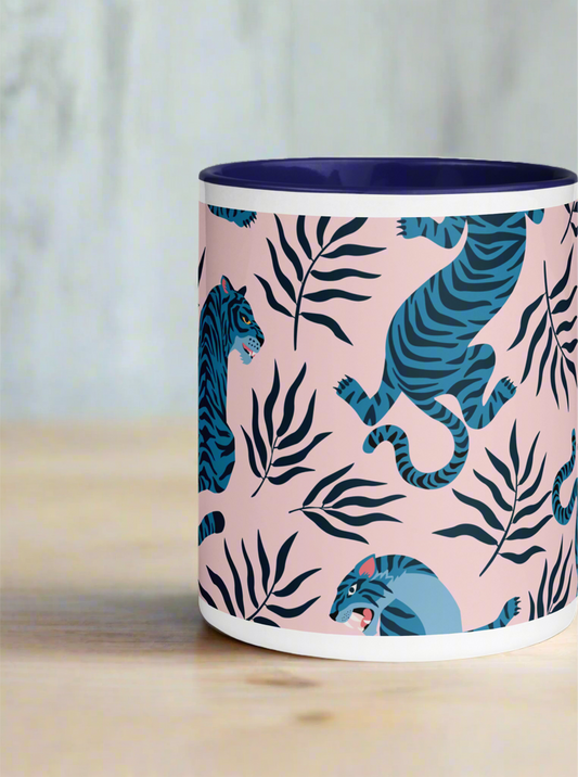 Lilac and navy blue mug with color inside.