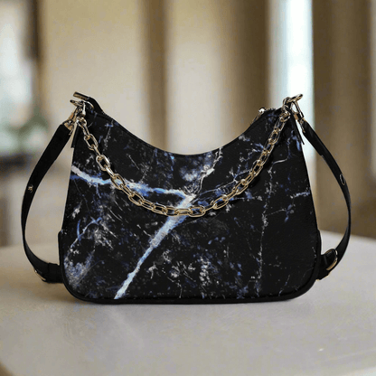 Black and blue pu leather chain decor shoulder handbag.